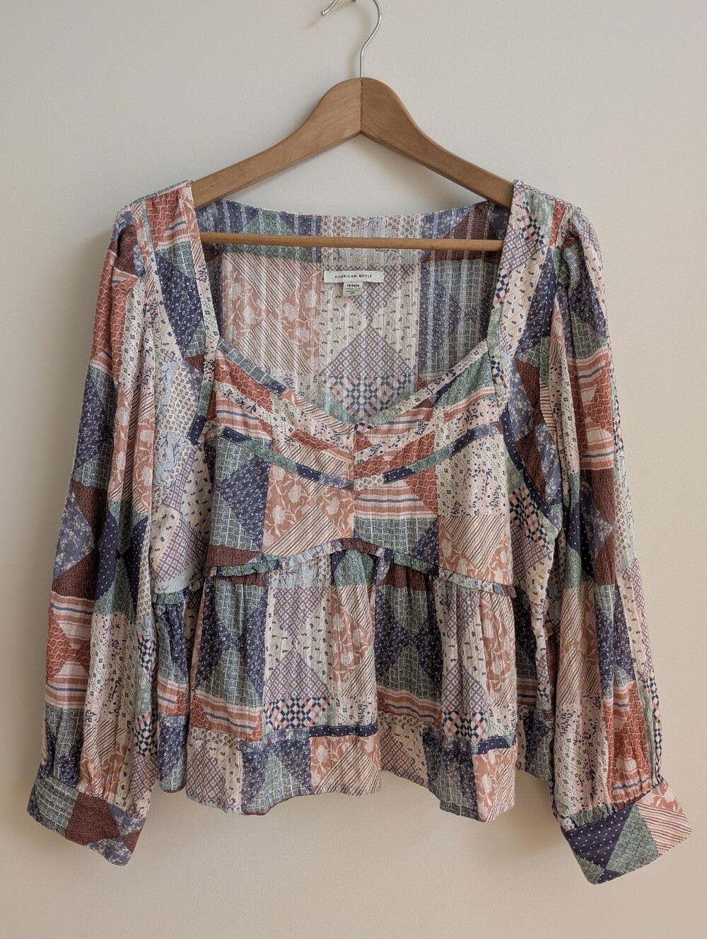 American Eagle 100% Cotton Patchwork Look Blue Pink Blouse Top